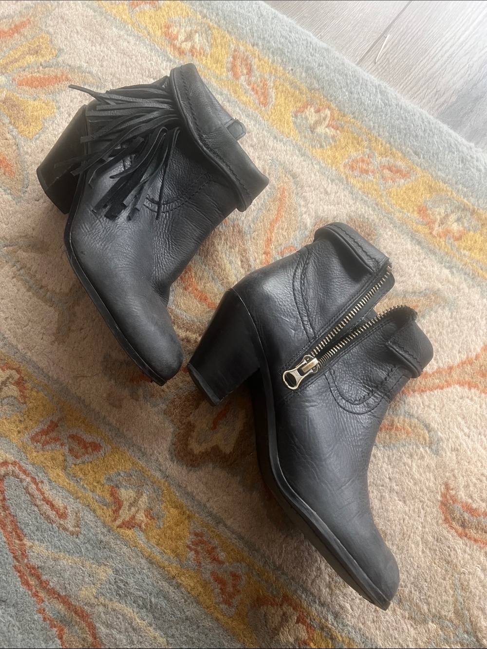 Sam Edelman Black Leather Fringe Ankle Boots with Side Zip - Women's Size 8M